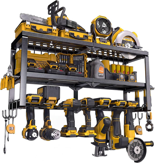 Power Tool Organizer for Tool Storage, Drill Holder Wall Mount with Screwdriver Organizer, Tool Holder for Garage Wall Organization, Heavy Duty Metal Tool Shelf with Battery Holder