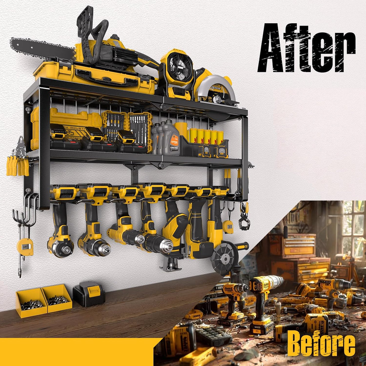 Power Tool Organizer for Tool Storage, Drill Holder Wall Mount with Screwdriver Organizer, Tool Holder for Garage Wall Organization, Heavy Duty Metal Tool Shelf with Battery Holder