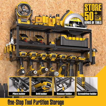 Power Tool Organizer for Tool Storage, Drill Holder Wall Mount with Screwdriver Organizer, Tool Holder for Garage Wall Organization, Heavy Duty Metal Tool Shelf with Battery Holder
