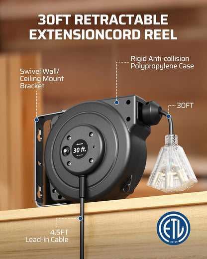 30FT Retractable Extension Cord Reel,16/3C SJTOW Cord Reel