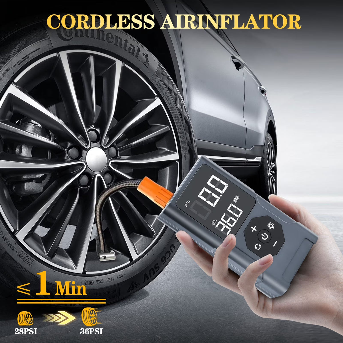Emergency Tire Inflator, Power Bank, Air Compressor for Car, 150 PSI Auto-Pause Tire Pump with LED Light & Power Bank, for Motorcycle, Bicycles