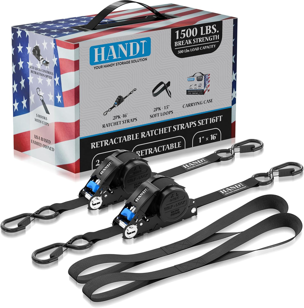 USA Based Retractable Ratchet Straps (2PK) 1In X 16Ft - 1,500Lb Break Strength, Heavy Duty Automatic Ratchet Straps Self Retractable Tie Down, Push Button Retracting Truck Trailer Cargo | Black