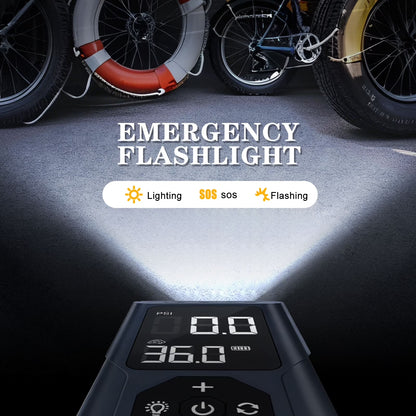 Emergency Tire Inflator, Power Bank, Air Compressor for Car, 150 PSI Auto-Pause Tire Pump with LED Light & Power Bank, for Motorcycle, Bicycles