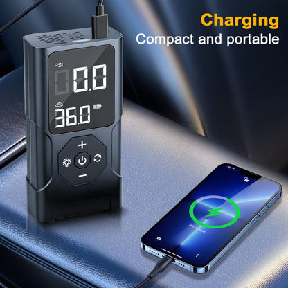 Emergency Tire Inflator, Power Bank, Air Compressor for Car, 150 PSI Auto-Pause Tire Pump with LED Light & Power Bank, for Motorcycle, Bicycles