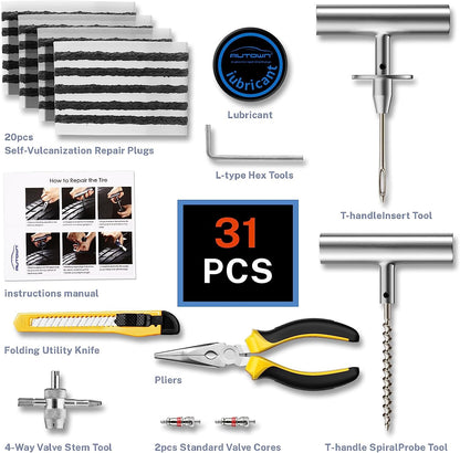 Flat Tire Repair Kit with Plugs 31Pcs, Professional Tire Plug Kit