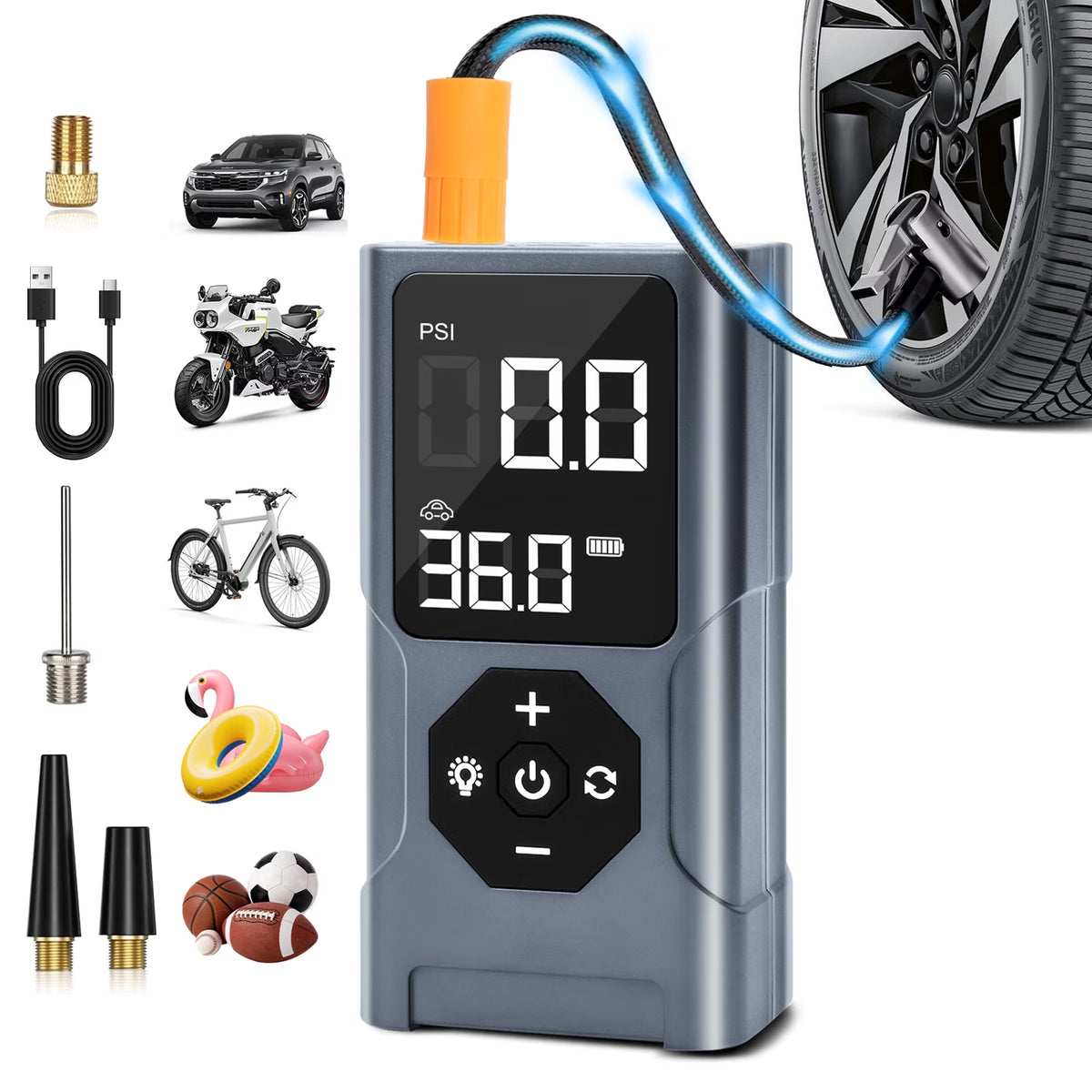 Emergency Tire Inflator, Power Bank, Air Compressor for Car, 150 PSI Auto-Pause Tire Pump with LED Light & Power Bank, for Motorcycle, Bicycles