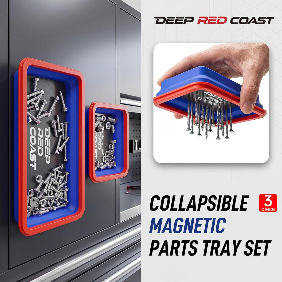 Magnetic Parts Tray Set - 3 Collapsible Trays for Ultimate Organization and Efficiency