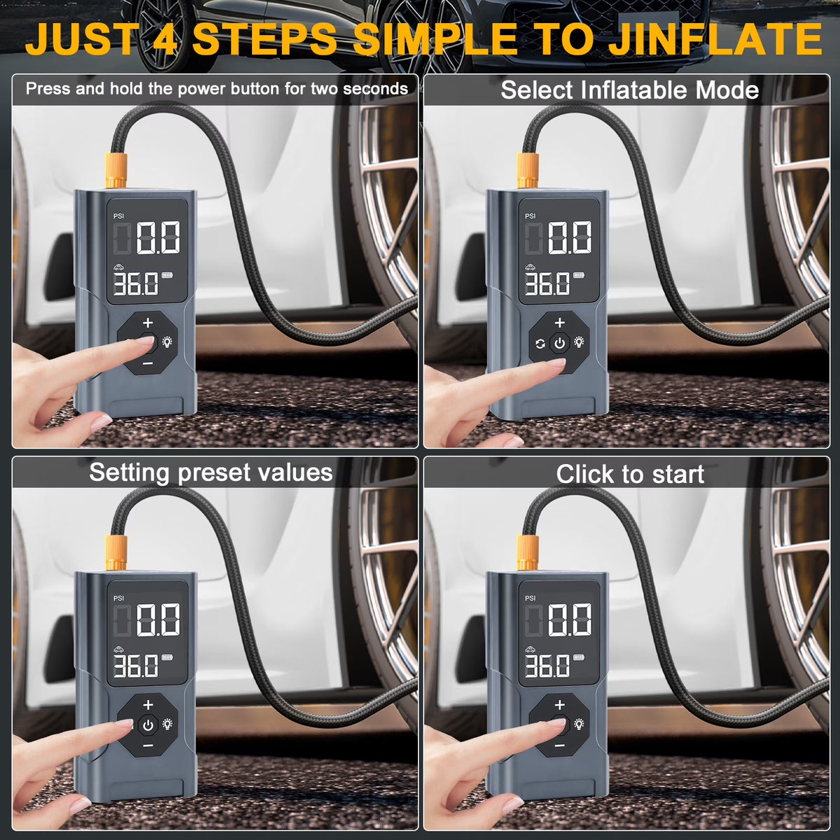Emergency Tire Inflator, Power Bank, Air Compressor for Car, 150 PSI Auto-Pause Tire Pump with LED Light & Power Bank, for Motorcycle, Bicycles
