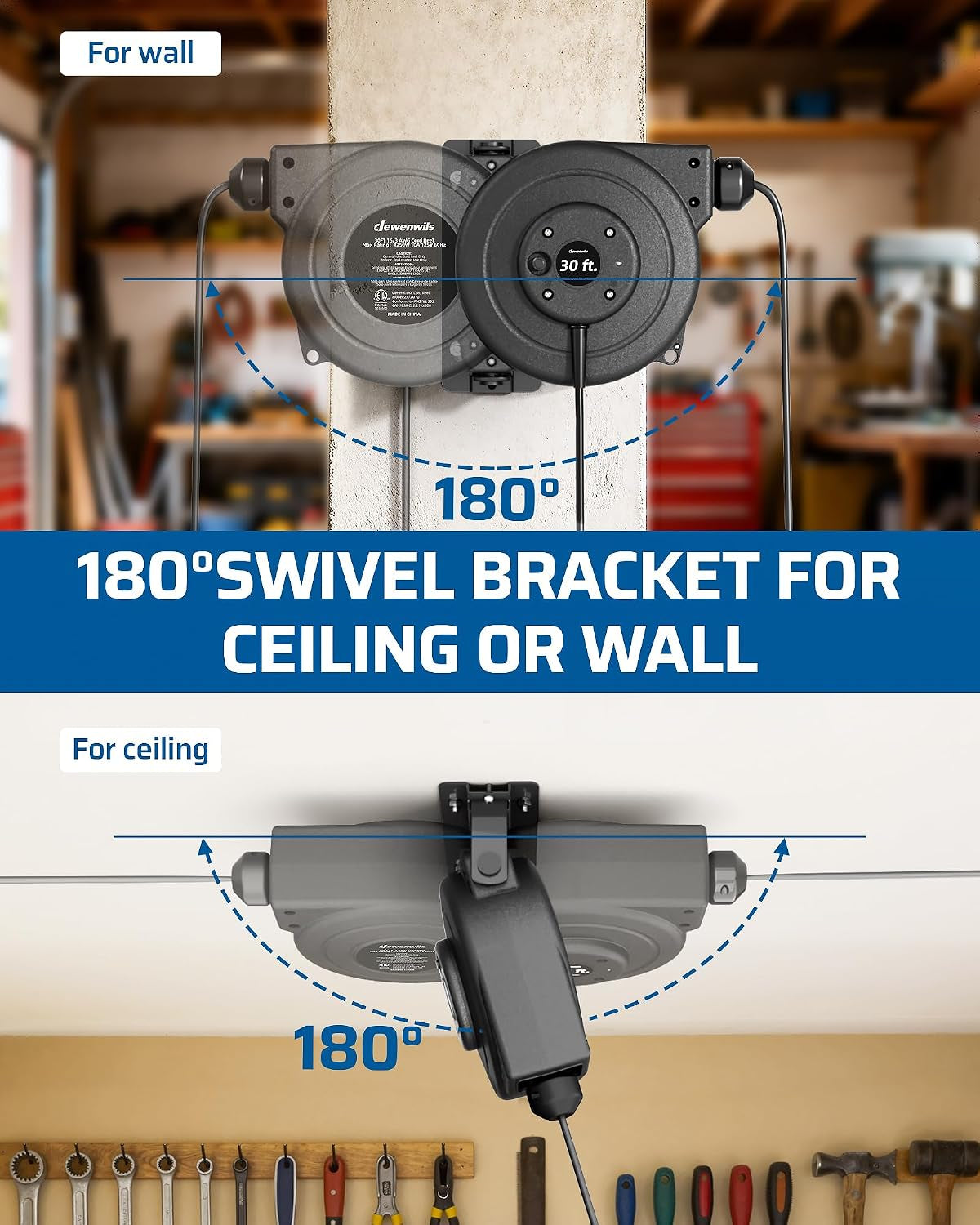30FT Retractable Extension Cord Reel,16/3C SJTOW Cord Reel