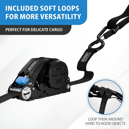 USA Based Retractable Ratchet Straps (2PK) 1In X 16Ft - 1,500Lb Break Strength, Heavy Duty Automatic Ratchet Straps Self Retractable Tie Down, Push Button Retracting Truck Trailer Cargo | Black