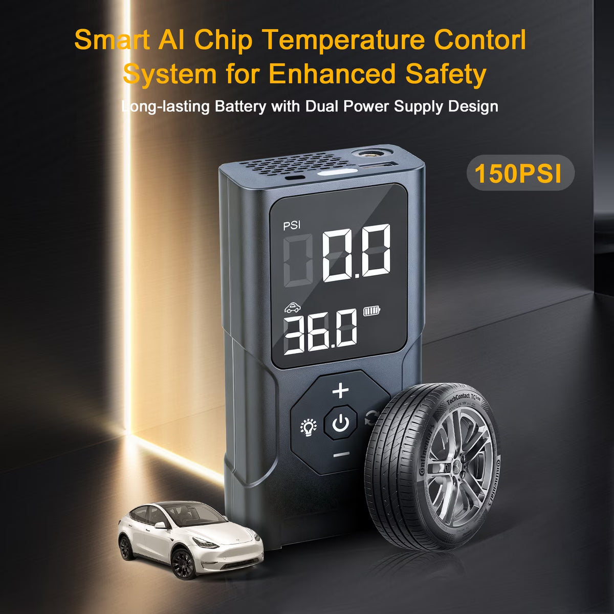 Emergency Tire Inflator, Power Bank, Air Compressor for Car, 150 PSI Auto-Pause Tire Pump with LED Light & Power Bank, for Motorcycle, Bicycles