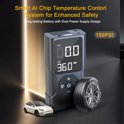 Emergency Tire Inflator, Power Bank, Air Compressor for Car, 150 PSI Auto-Pause Tire Pump with LED Light & Power Bank, for Motorcycle, Bicycles