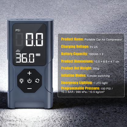 Emergency Tire Inflator, Power Bank, Air Compressor for Car, 150 PSI Auto-Pause Tire Pump with LED Light & Power Bank, for Motorcycle, Bicycles