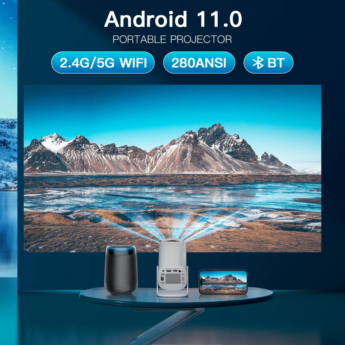 Smart Mini Portable Projector with Wi-Fi 6 and Bluetooth for Home Theater and Outdoor Use